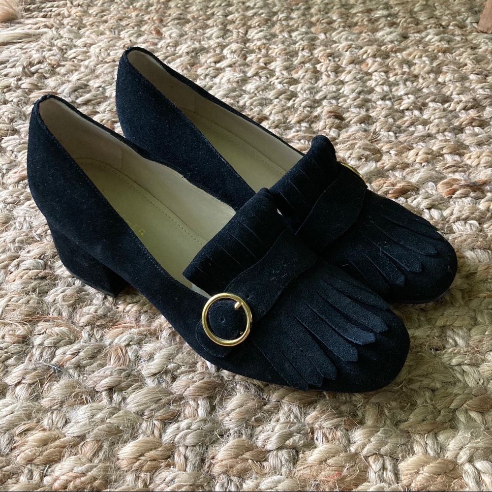 Marc Fisher Black Suede Fringe Loafers with Gold Buckle
